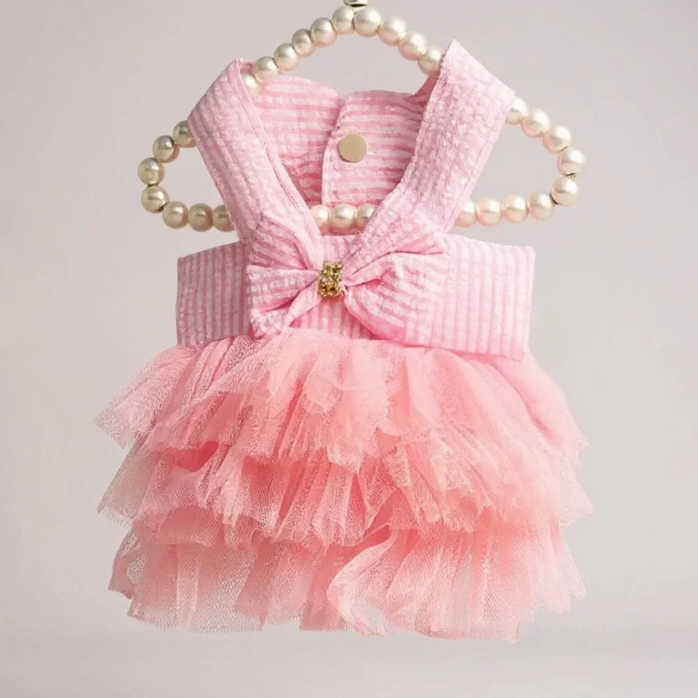 Adorable Pink and White Striped Seersucker and Tulle Small Pet Dress - Picture 2 of 4